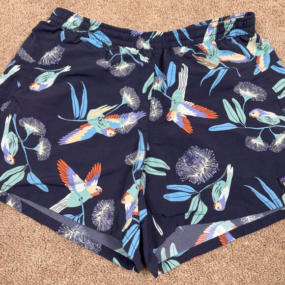 Patagonia Shorts Womens S Blue Pann Parrots Navy Nylon Drawstring Tropical Swim - Picture 2 of 10